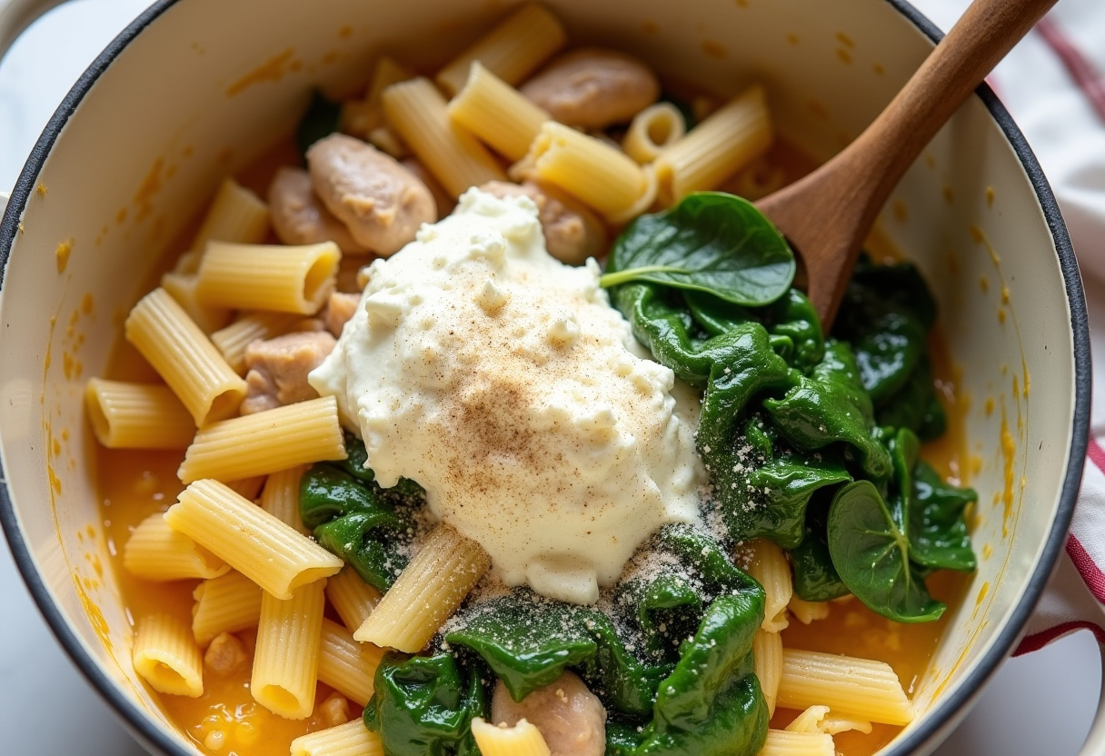 Mixing ingredients for Creamy Ricotta Chicken Pasta in a vibrant bowl, showcasing the blend of flavors ready to serve.