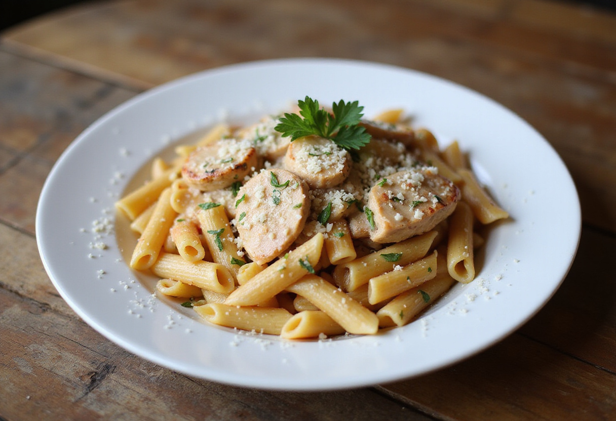Delicious Creamy Tuscan Chicken Penne served on a plate, showcasing its creamy texture and vibrant colors.