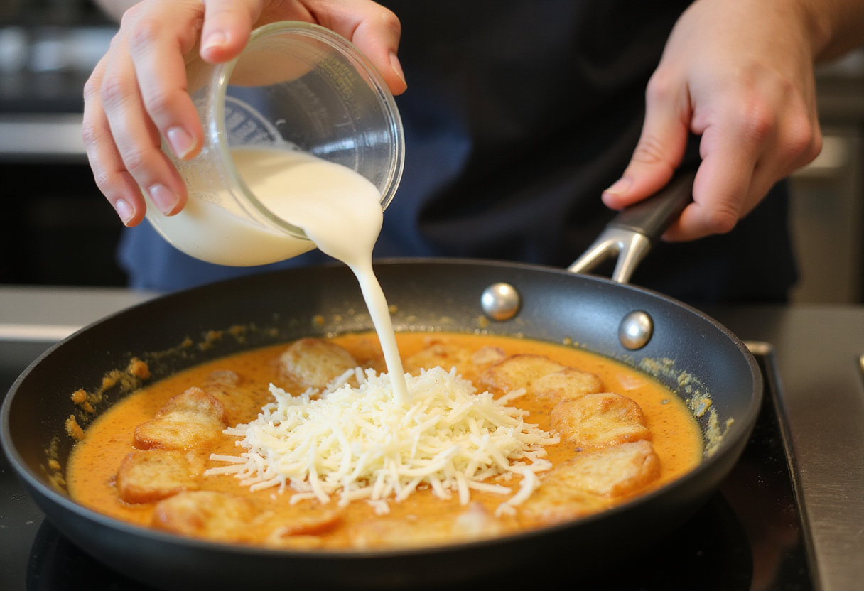 Making a creamy sauce for Creamy Tuscan Chicken Penne with heavy cream and parmesan cheese being blended.