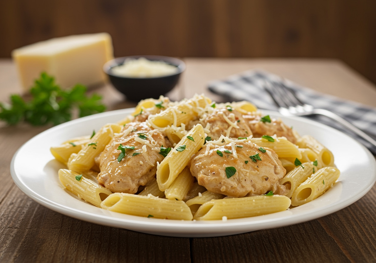 Delicious Creamy Tuscan Chicken Penne served on a plate, showcasing its creamy texture and vibrant colors.