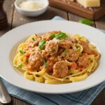 Delicious creamy Tuscan sausage pasta served on a rustic plate, highlighting rich flavors and fresh ingredients.
