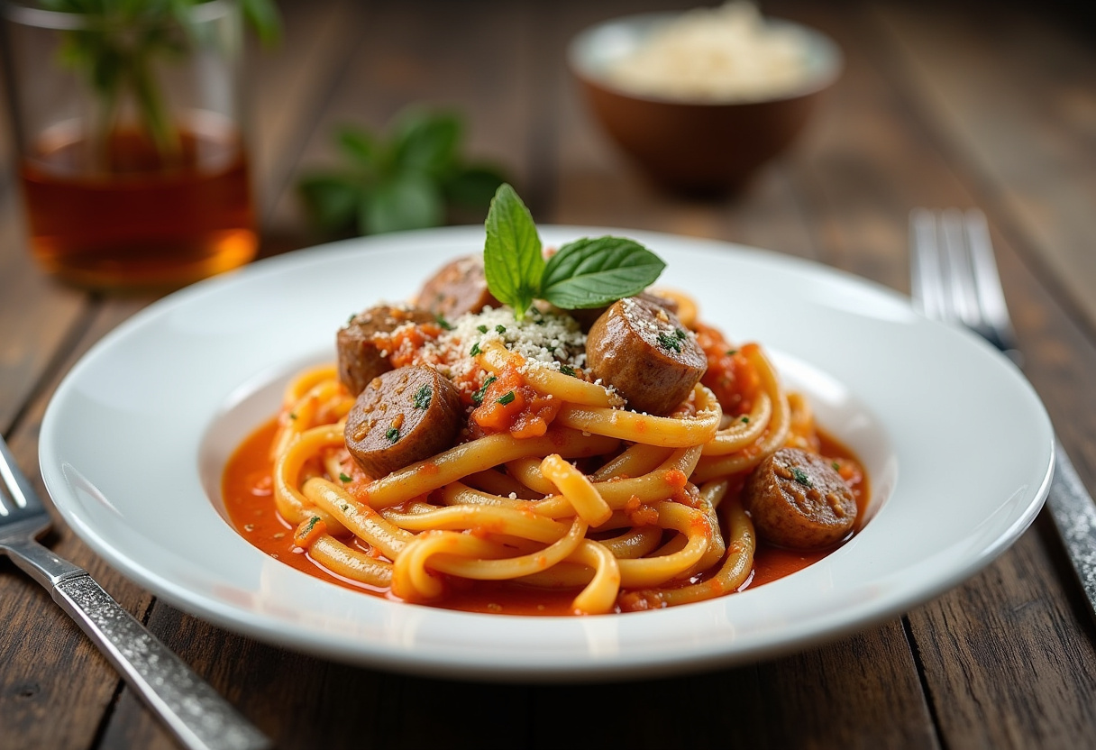 Delicious creamy Tuscan sausage pasta served on a rustic plate, highlighting rich flavors and fresh ingredients.