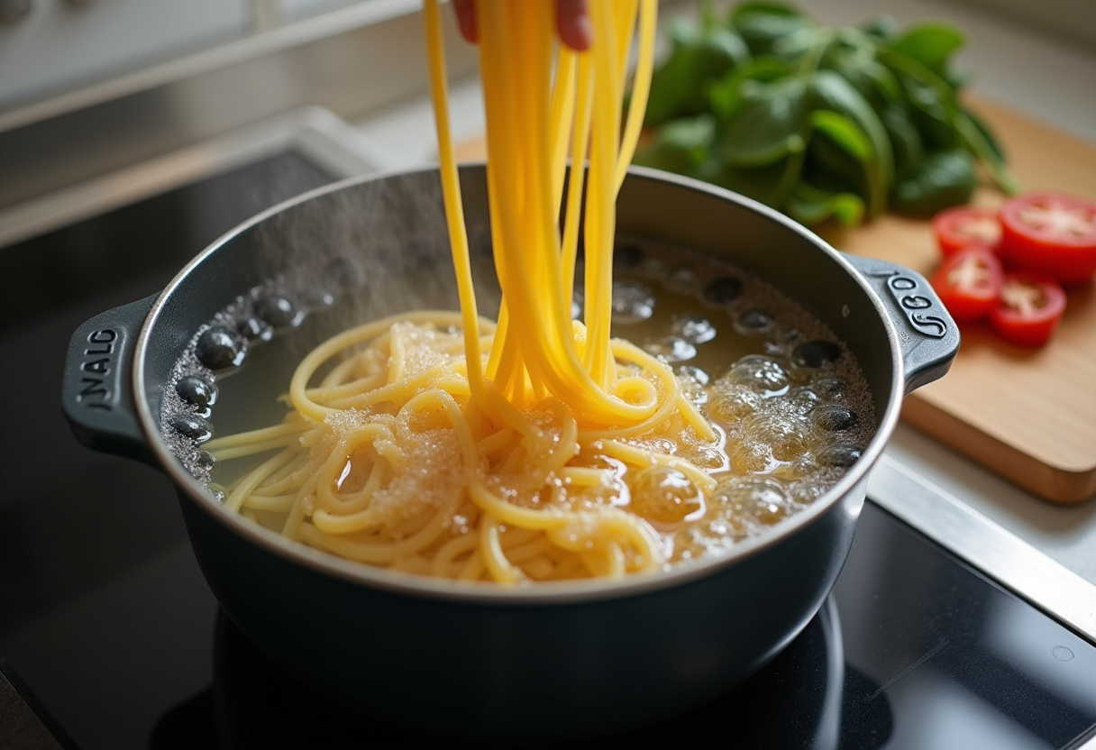 Boiling water for creamy Tuscan sausage pasta with fresh ingredients like spinach and tomatoes.