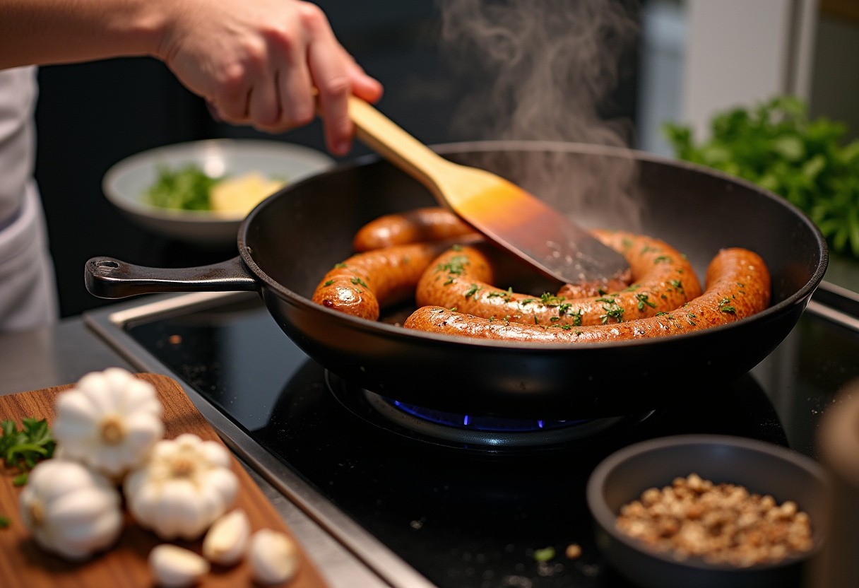Cooking Italian sausage for creamy Tuscan sausage pasta, featuring fresh herbs and spices for flavor enhancement.
