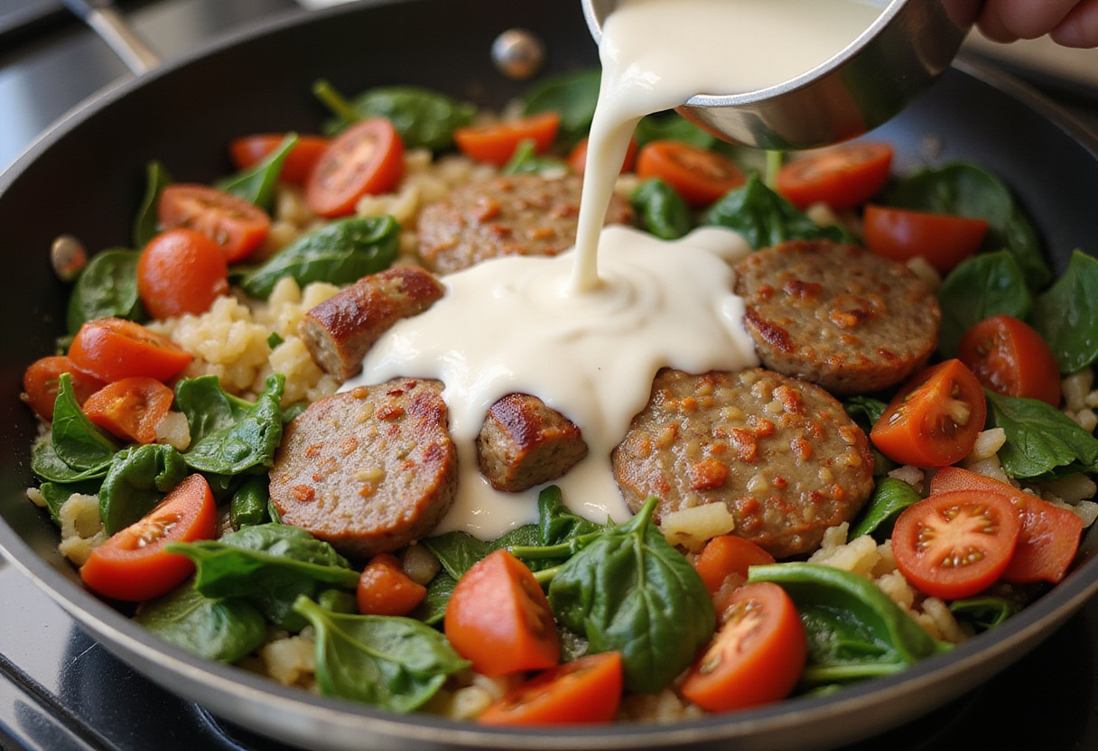 Creating a creamy sauce for Tuscan sausage pasta with sautรฉed vegetables and spices enriching the dish.