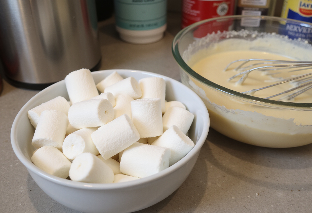 Fluffy marshmallows prepared for crispy deep fried marshmallows recipe, showcasing the ingredients needed for sweet treats.