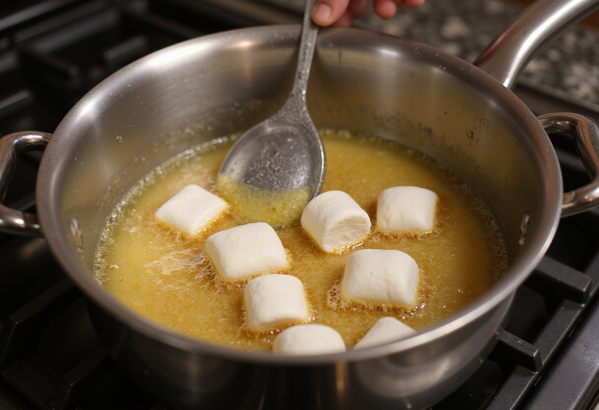 Preparing crispy deep fried marshmallows, focusing on the hot oil and the batter-coated marshmallows ready for frying.