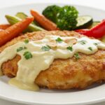 Plated Crispy Parmesan Chicken topped with rich garlic sauce, presenting a delicious meal with vibrant colors and garnishes, ideal for dinner.