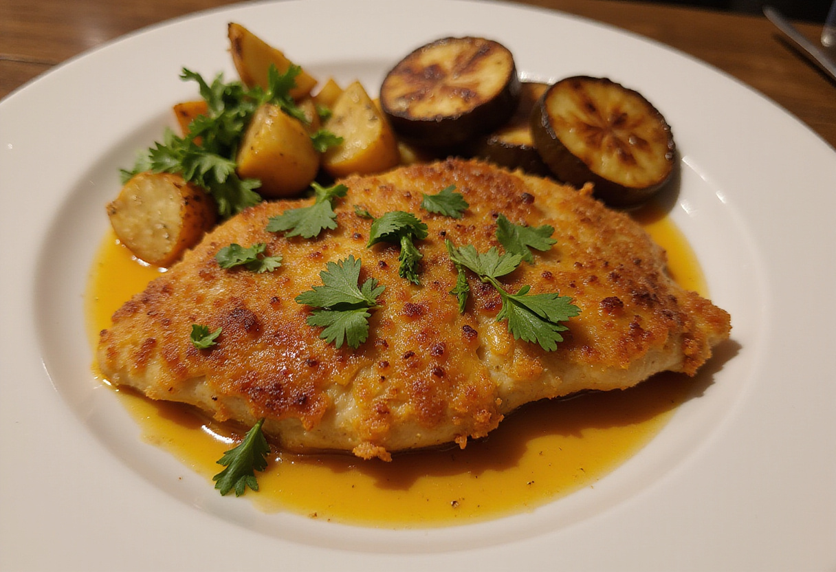 Plated Crispy Parmesan Chicken topped with rich garlic sauce, presenting a delicious meal with vibrant colors and garnishes, ideal for dinner.