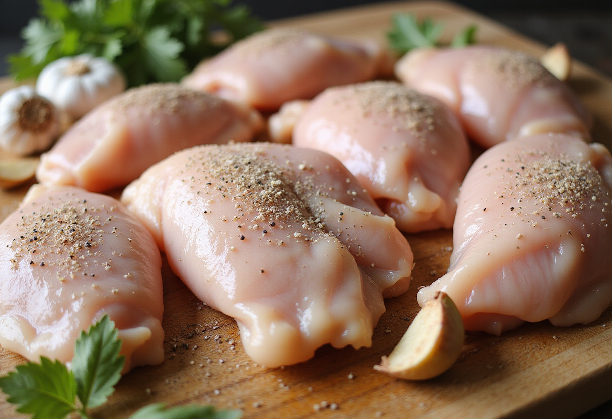 Raw chicken breasts seasoned with salt and pepper, ready for Crispy Parmesan Chicken preparation with fresh garlic and herbs.