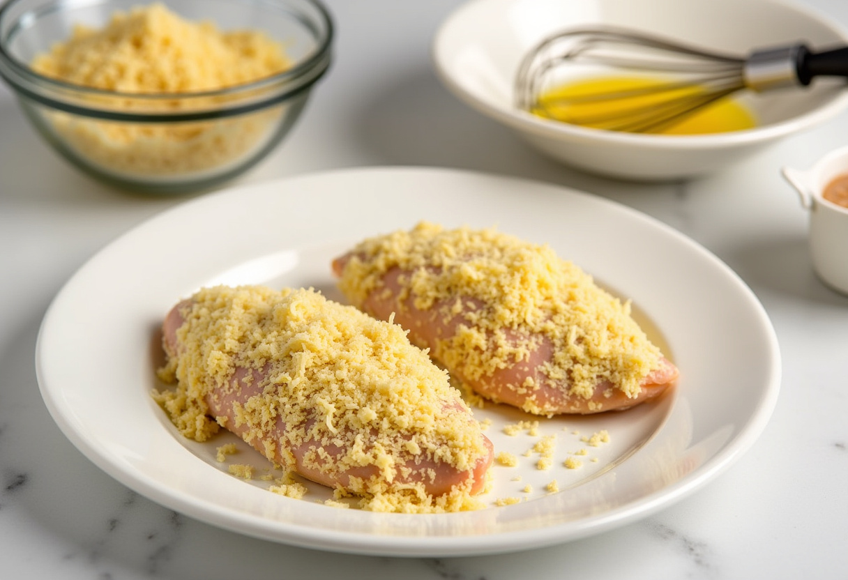 Coating chicken breasts in breadcrumbs and Parmesan cheese for Crispy Parmesan Chicken, showcasing the preparation process with egg mixture and ingredients.