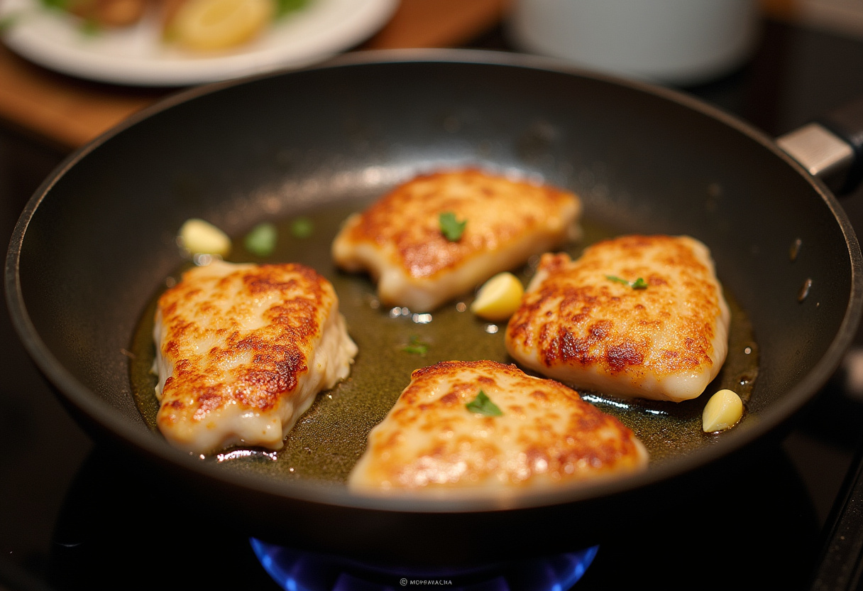 Frying chicken fillets to golden perfection for Crispy Parmesan Chicken, capturing the aroma of garlic and crispy texture.