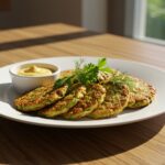 Final result of crispy zucchini fritters beautifully presented on a plate, perfect for serving and enjoying.