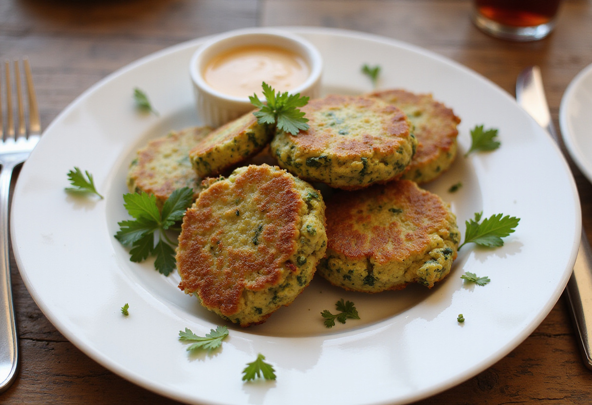 Final result of crispy zucchini fritters beautifully presented on a plate, perfect for serving and enjoying.