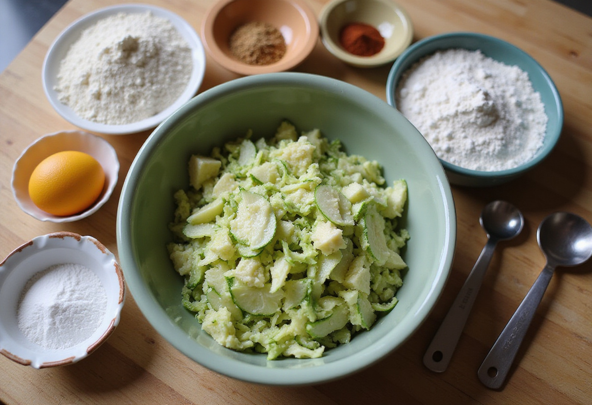 Zucchini fritters ingredients preparation with grated zucchini, flour, and spices in a kitchen setting.