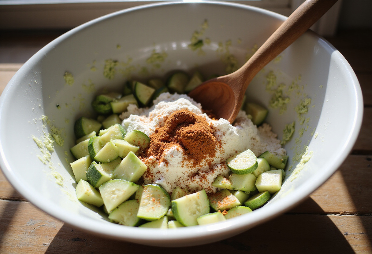 Combining ingredients for crispy zucchini fritters in a well-lit kitchen, showcasing the mixture being stirred.