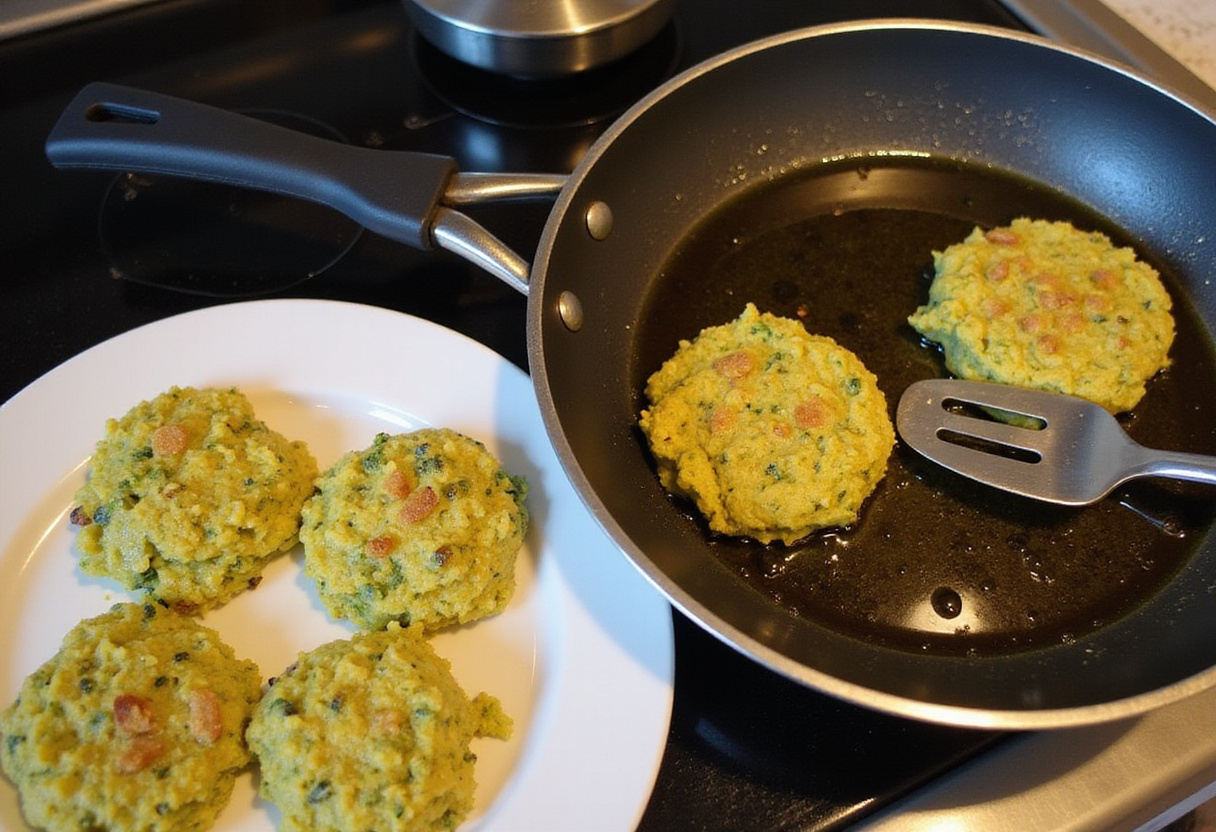 Preparing to fry crispy zucchini fritters in a skillet with hot oil, highlighting the frying process.