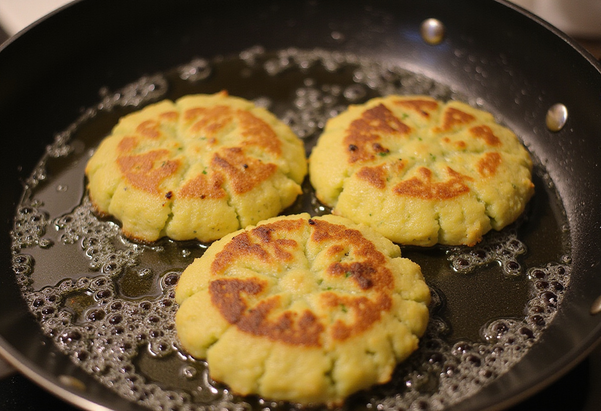 Crispy zucchini fritters frying in a skillet, showing the texture and golden brown color developing.