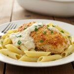 Final presentation of Crockpot Creamy Garlic Parmesan Chicken with pasta, a creamy and delicious meal perfect for family dinners.