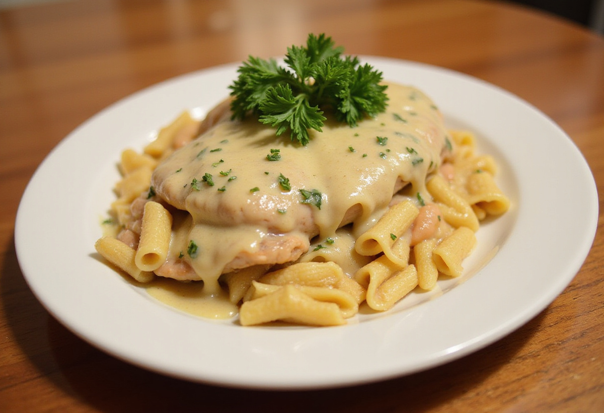 Final presentation of Crockpot Creamy Garlic Parmesan Chicken with pasta, a creamy and delicious meal perfect for family dinners.