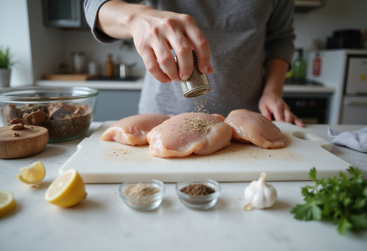 Seasoning chicken breasts with garlic and herbs for Crockpot Creamy Garlic Parmesan Chicken, flavorful and tender chicken recipe.