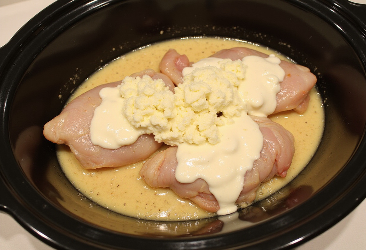 Adding minced garlic and creamy ingredients to chicken in a crockpot for Crockpot Creamy Garlic Parmesan Chicken, creating a rich and savory dish.