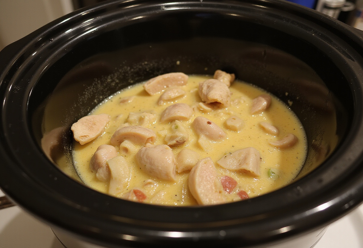 Crockpot Creamy Garlic Parmesan Chicken cooking slowly, with bubbling sauce and tender chicken creating an inviting aroma in the kitchen.