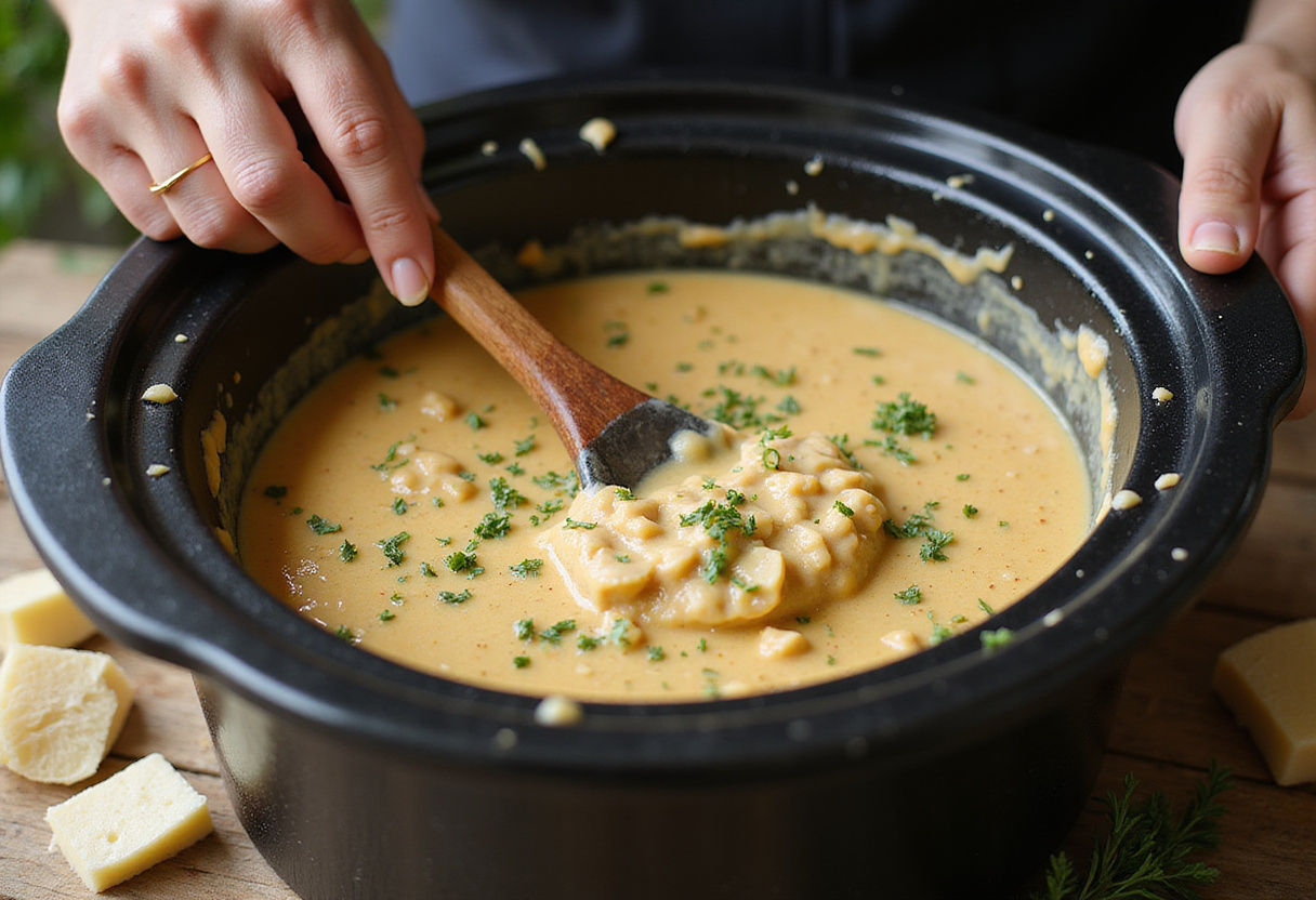 Stirring the creamy garlic Parmesan sauce in the crockpot for Crockpot Creamy Garlic Parmesan Chicken, enhancing flavor and texture.