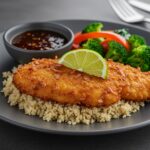 Deliciously plated Crunchy Coconut Chicken with lime and vegetables, showcasing the final dish.