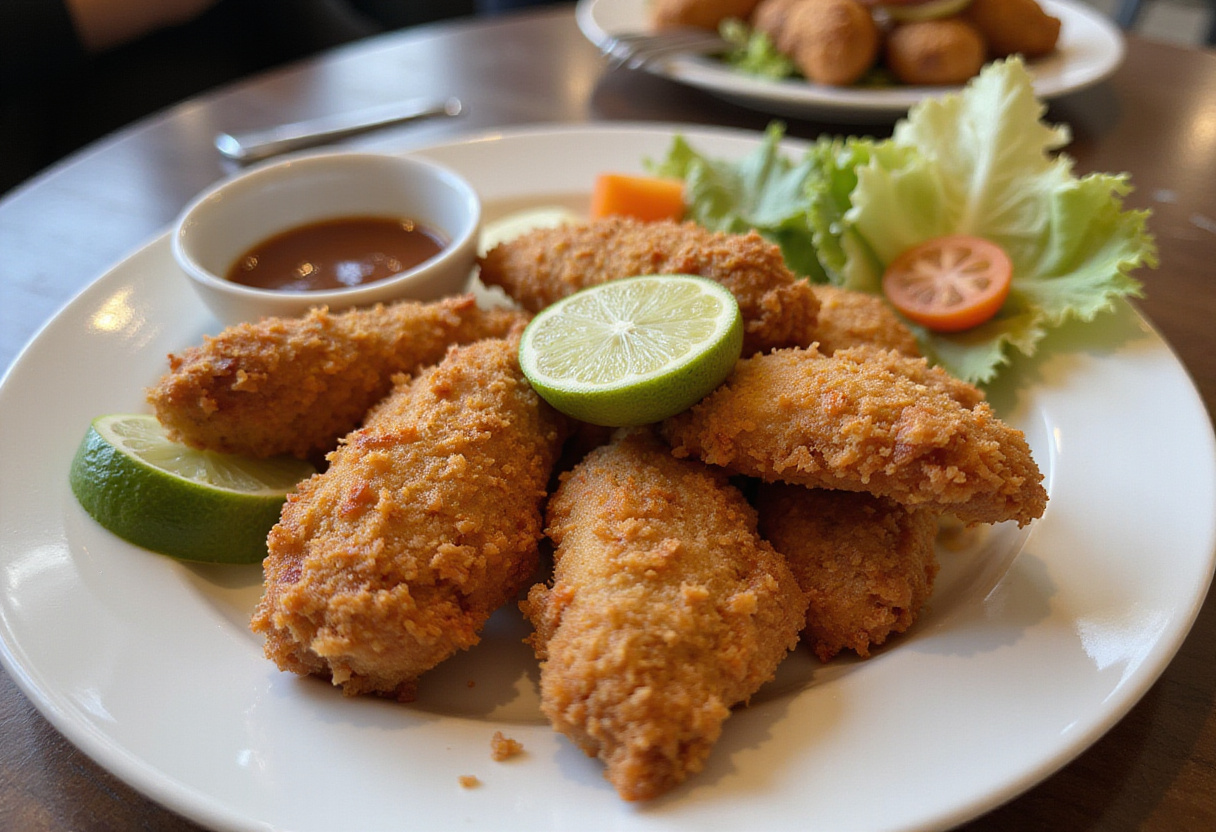 Deliciously plated Crunchy Coconut Chicken with lime and vegetables, showcasing the final dish.