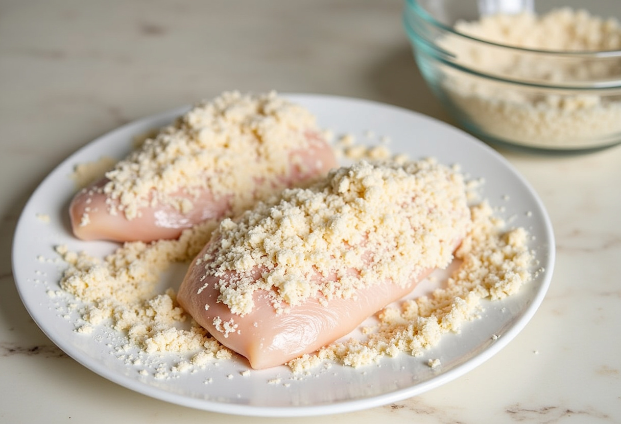 Crunchy Coconut Chicken preparation with chicken breast coated in coconut and flour ingredients.