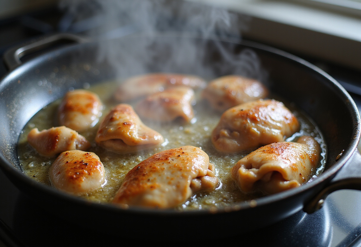 Sizzling Crunchy Coconut Chicken being fried in a pan with oil, showcasing the cooking process.