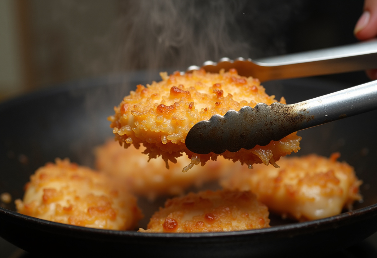 Golden-brown Crunchy Coconut Chicken being removed from the frying pan, highlighting its crispy texture.