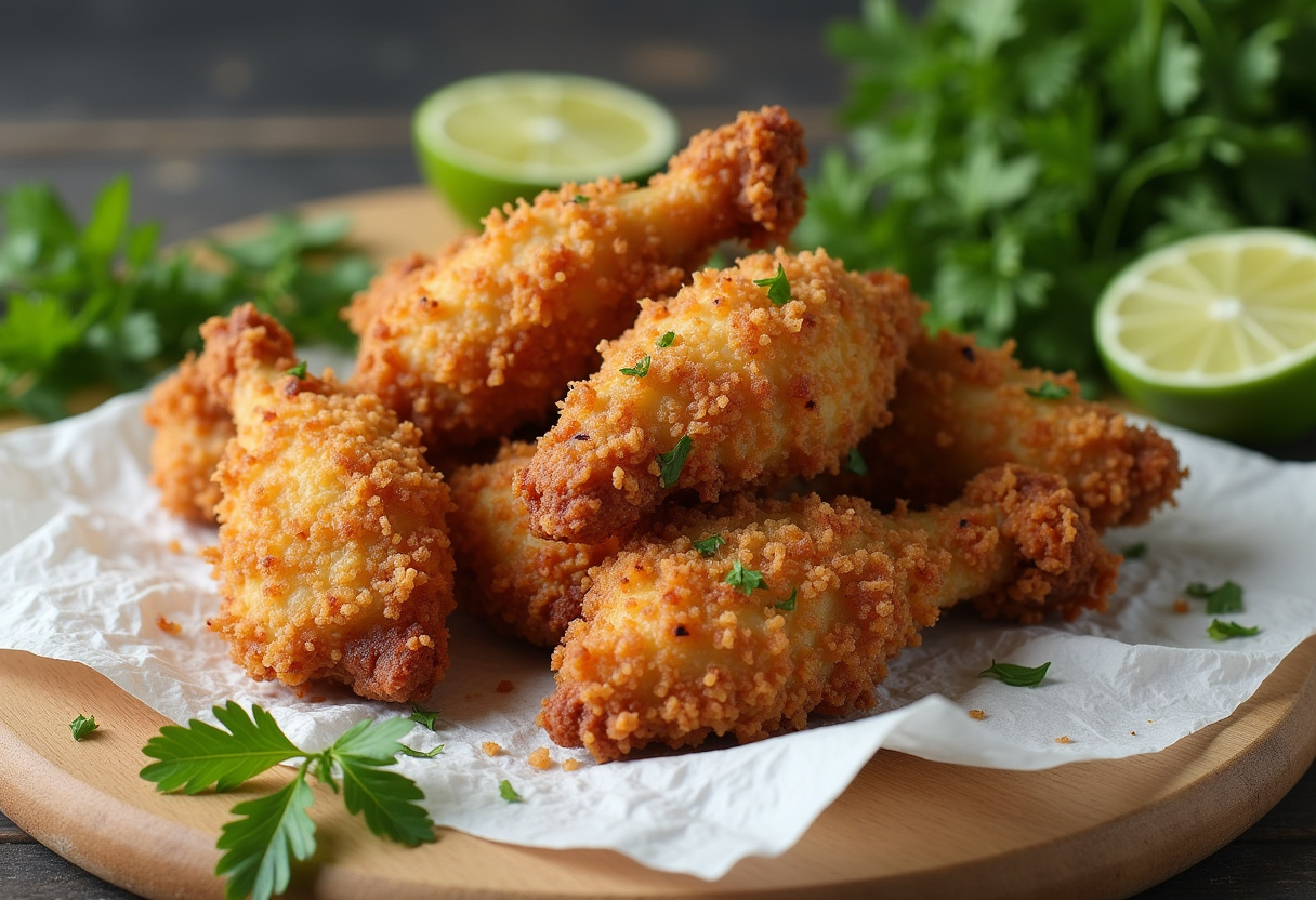 Fried Crunchy Coconut Chicken resting on paper towel with fresh herbs and lime, ready for serving.