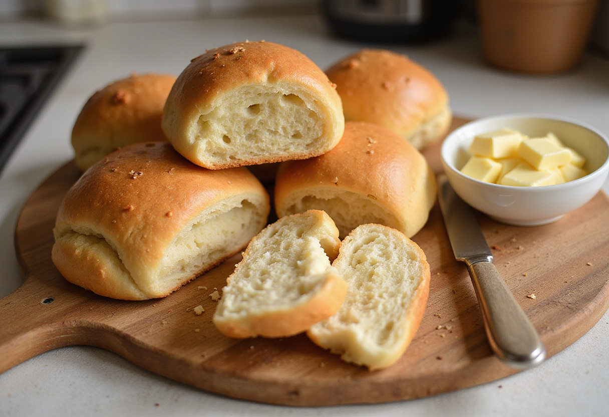 Freshly baked crusty chewy French bread rolls on a cutting board, highlighting their golden crust and soft texture.