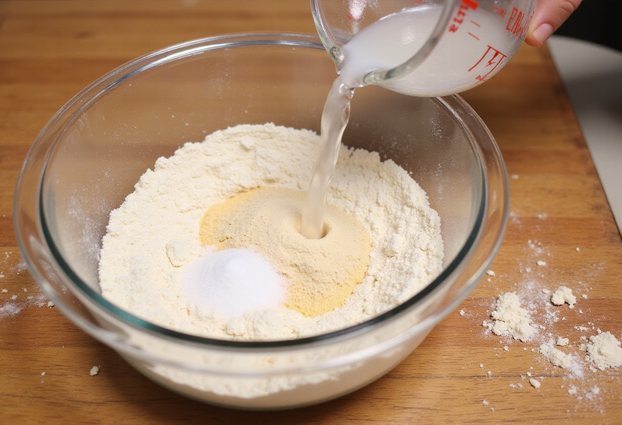 Mixing ingredients for crusty chewy French bread rolls, flour, yeast, salt, and water in a rustic kitchen.