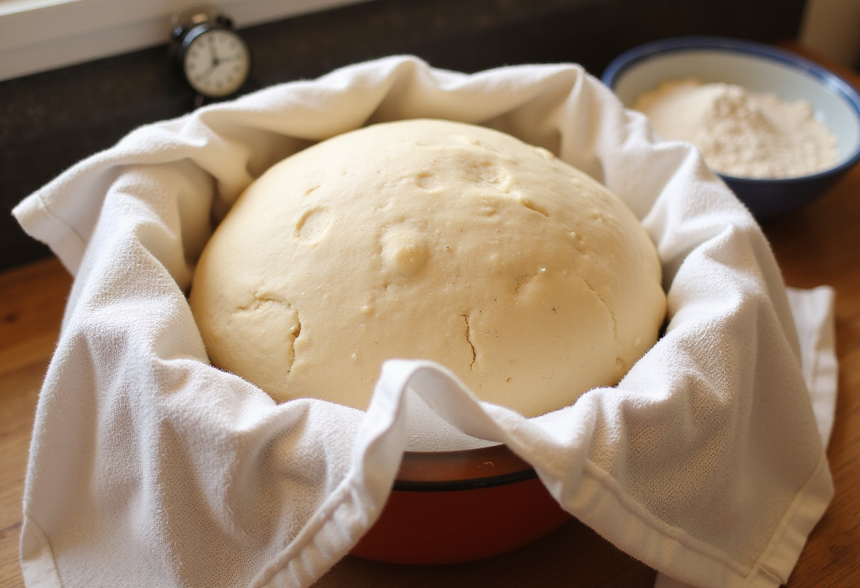 Dough rising in a bowl for crusty chewy French bread rolls, showcasing the proofing step in a cozy kitchen.