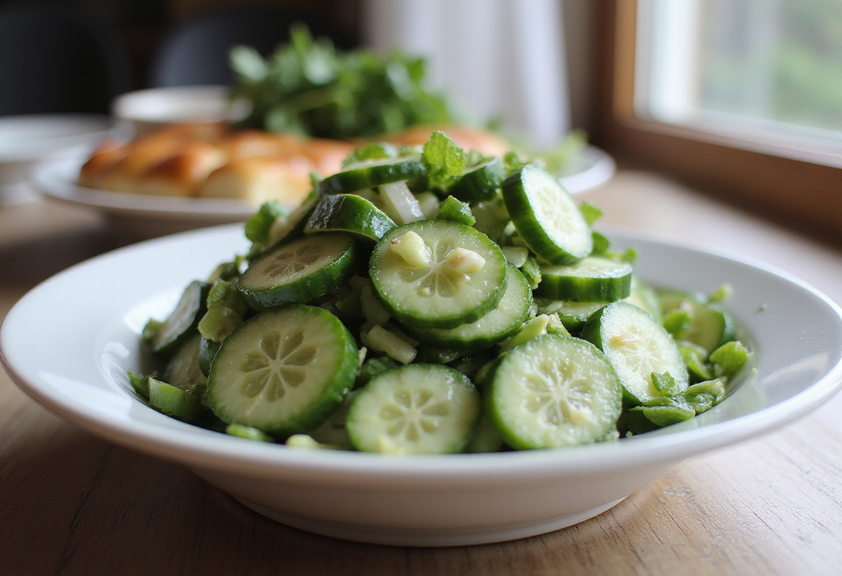 Finished Cucumber & Green Onion Salad, beautifully presented with vibrant colors, perfect for a refreshing meal.