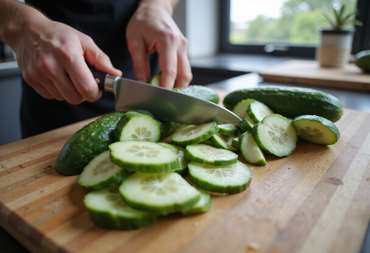 Freshly sliced cucumbers for Cucumber & Green Onion Salads, showcasing vibrant greens and a rustic kitchen setting.