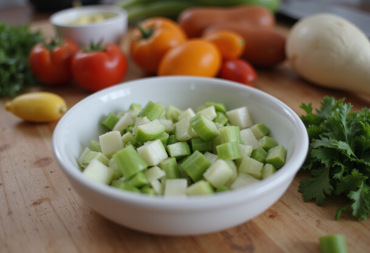 Chopped green onions in preparation for Cucumber & Green Onion Salads, highlighting the freshness and vibrant colors of the ingredients.