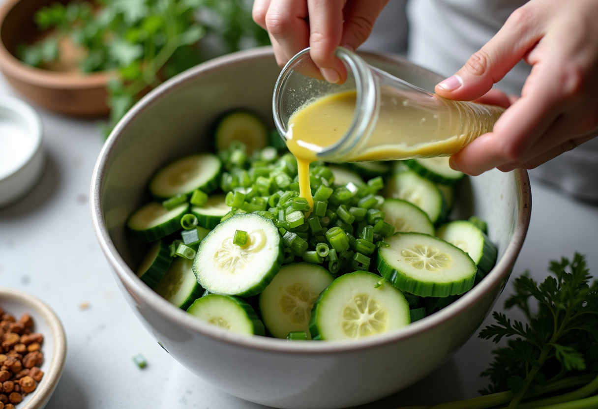 A mixing bowl with sliced cucumbers and green onions for Cucumber & Green Onion Salads, showcasing a vibrant mix ready for dressing.