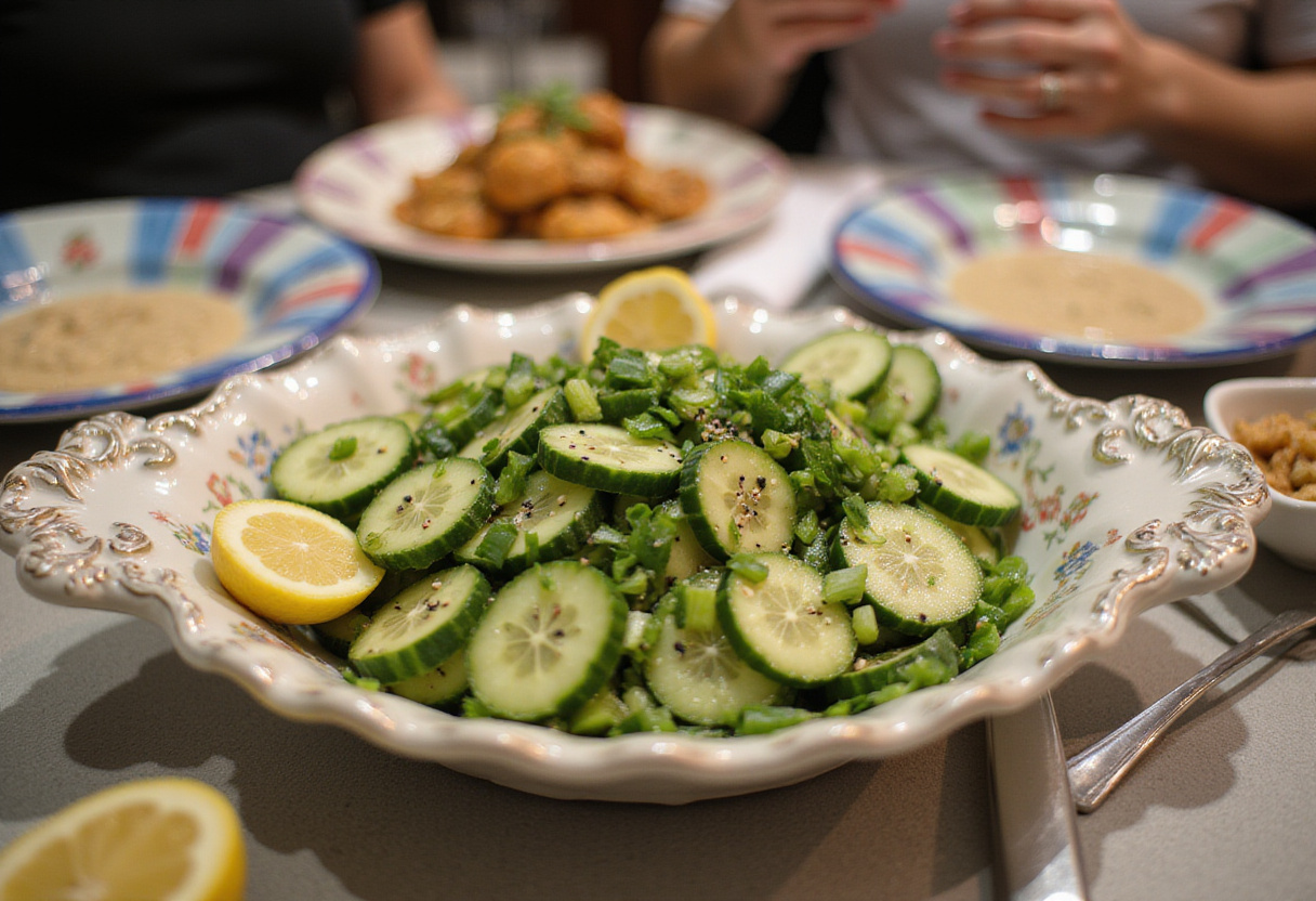Beautifully garnished cucumber and green onion salad, ready to serve, showcasing vibrant colors and an inviting table setting.