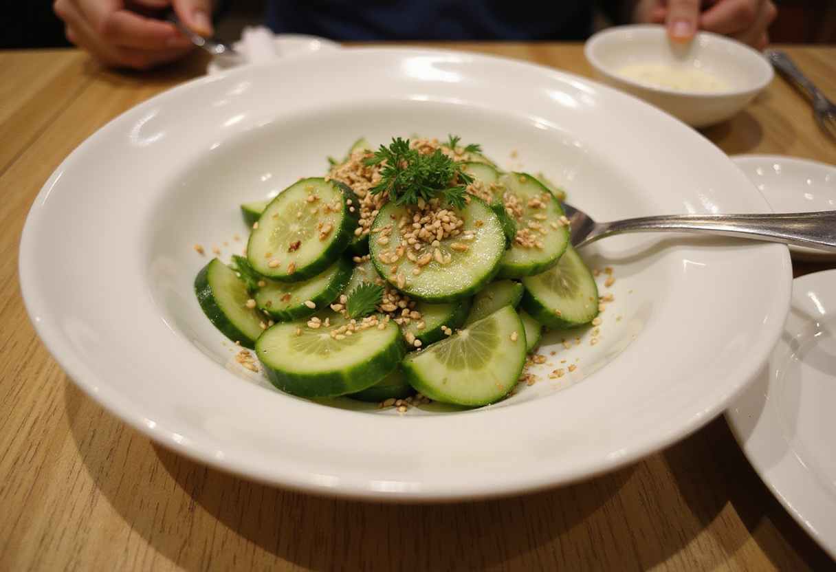 Final presentation of Din Tai Fung style Cucumber Salad, featuring crispy cucumbers garnished with sesame seeds, ready to serve in an elegant bowl.