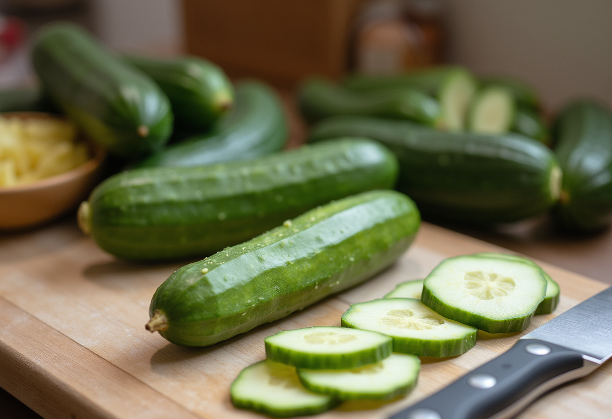 Fresh cucumbers being sliced for Din Tai Fung style Cucumber Salad, showcasing the vibrant green color and crisp texture of the cucumbers.