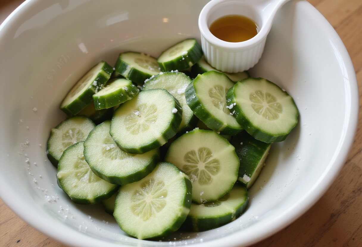 Salted cucumber slices for Din Tai Fung style Cucumber Salad, with moisture accumulating in the bowl as the flavors begin to meld.