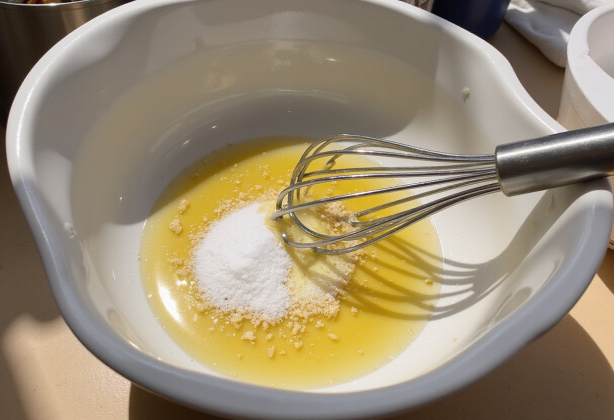 Mixing vinegar and sesame oil for Din Tai Fung style Cucumber Salad dressing, showcasing the vibrant colors blending together in a bright kitchen.