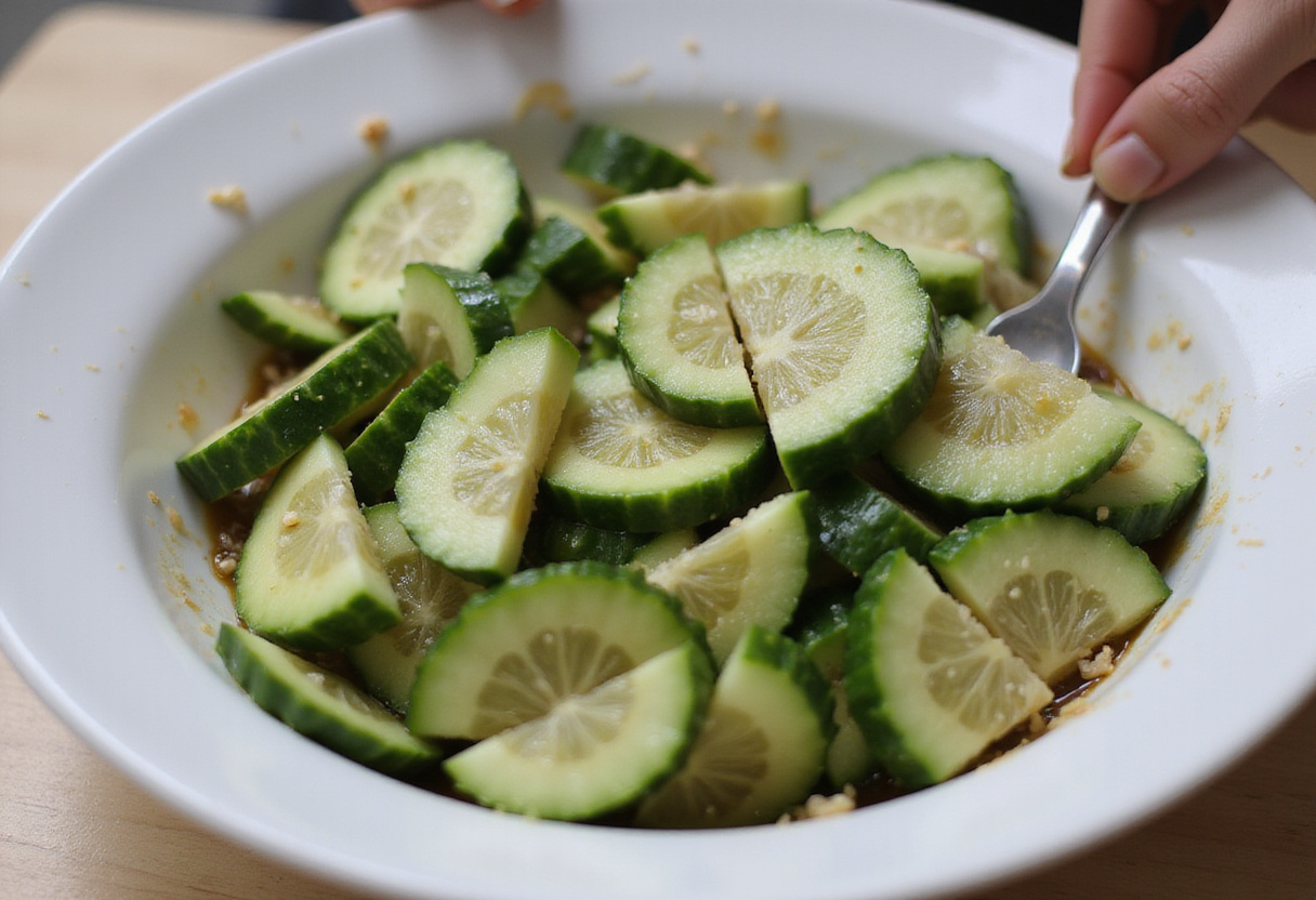 Tossing salted cucumbers with a flavorful vinegar and sesame oil dressing for Din Tai Fung style Cucumber Salad, presented in a large serving bowl.