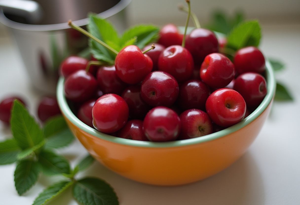Fresh cherries and mint leaves ready for the Delicious Cherry Earl Grey Milk Tea preparation.