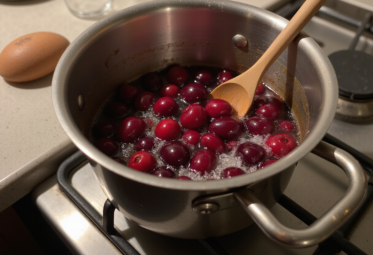 Simmering cherry mixture for Delicious Cherry Earl Grey Milk Tea with a rustic kitchen feel.