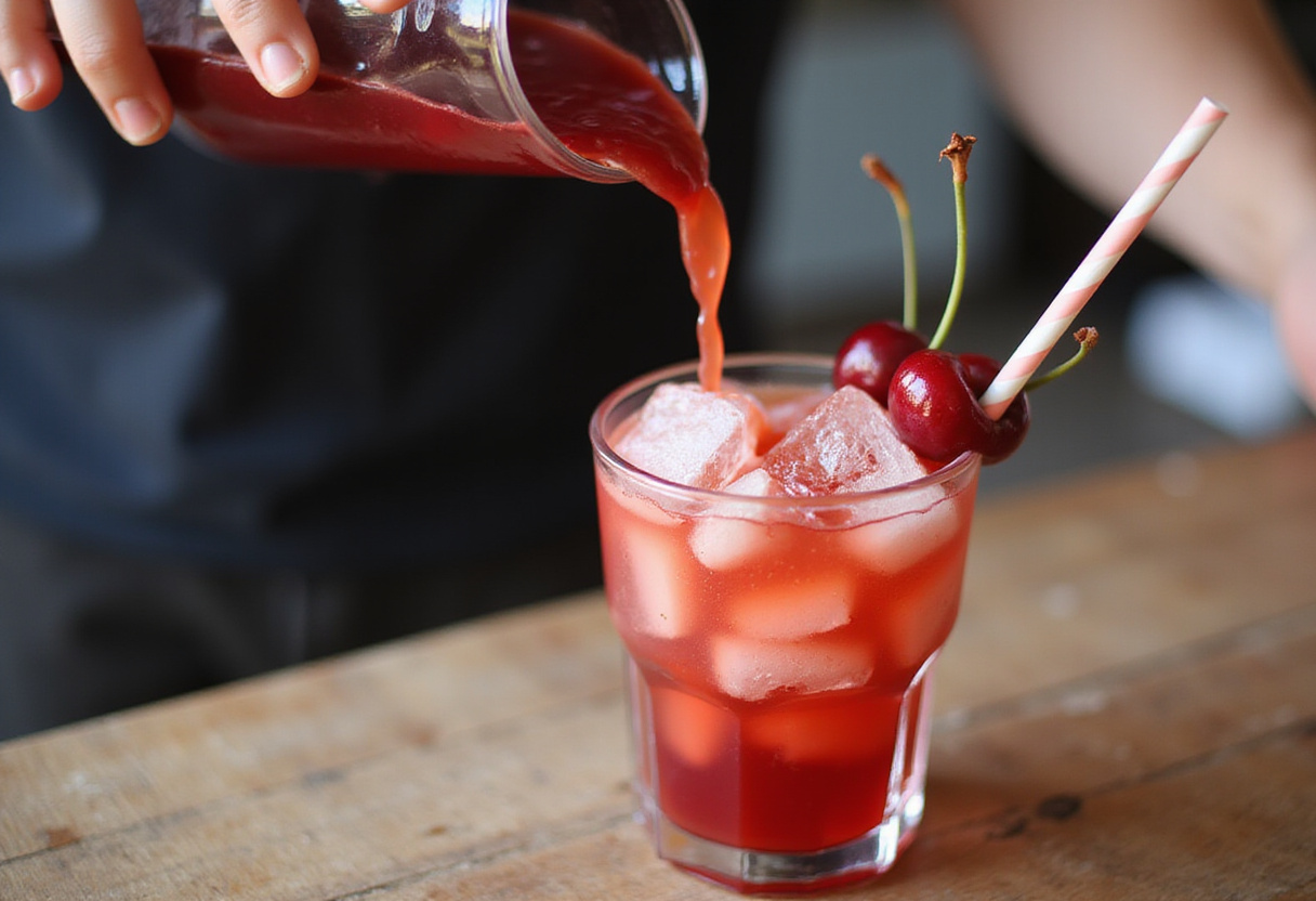 Iced Delicious Cherry Earl Grey Milk Tea being prepared with vibrant cherry syrup and ice.